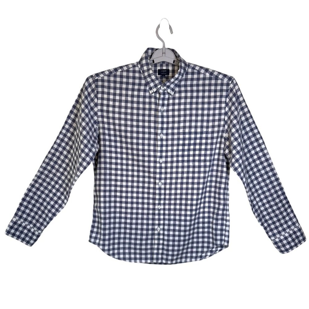 J Crew Shirt Mens Large Linen Blend Slim Fit Blue Gingham Plaid Button Down